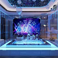 Modern Luxury KTV Party Interior With Sofa Coffee Table Lighting Balloon Decorations And Geometric Floor
