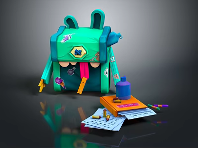 Cute Green Rabbit Shaped Backpack With Stationery Colored Pencils Notebook And Papers 3d model