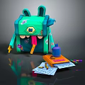 Cute Green Rabbit Shaped Backpack With Stationery Colored Pencils Notebook And Papers