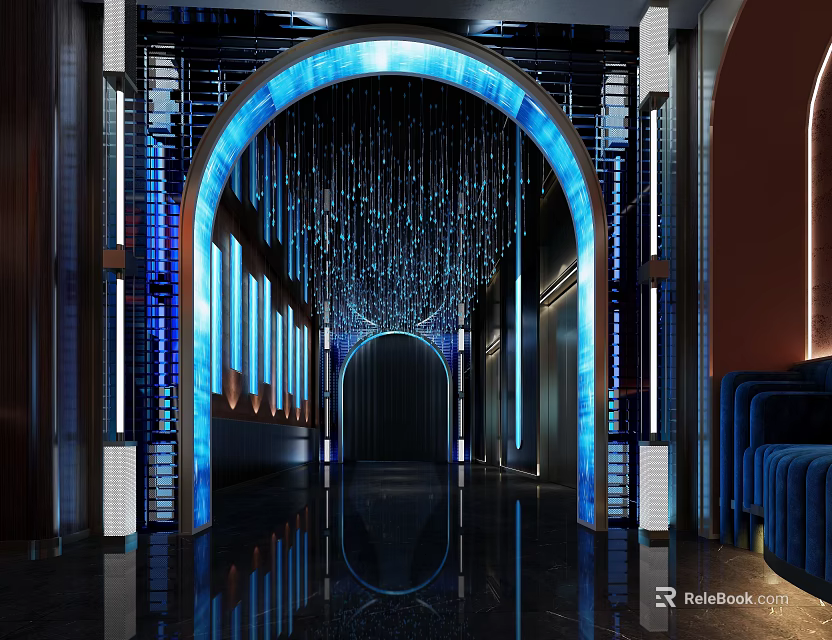 Futuristic Clubhouse Corridor With Archway Blue Lights Crystal Decor And Mirror Floor 3d model 
