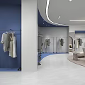 Elegant Clothing Store Interior with Hanging Clothes Racks Blue Walls Sofa Mirrors and Modern Lighting