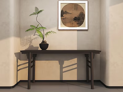 Dark Wood Console Table With Potted Plant And Landscape Painting On Beige Wall 3d model
