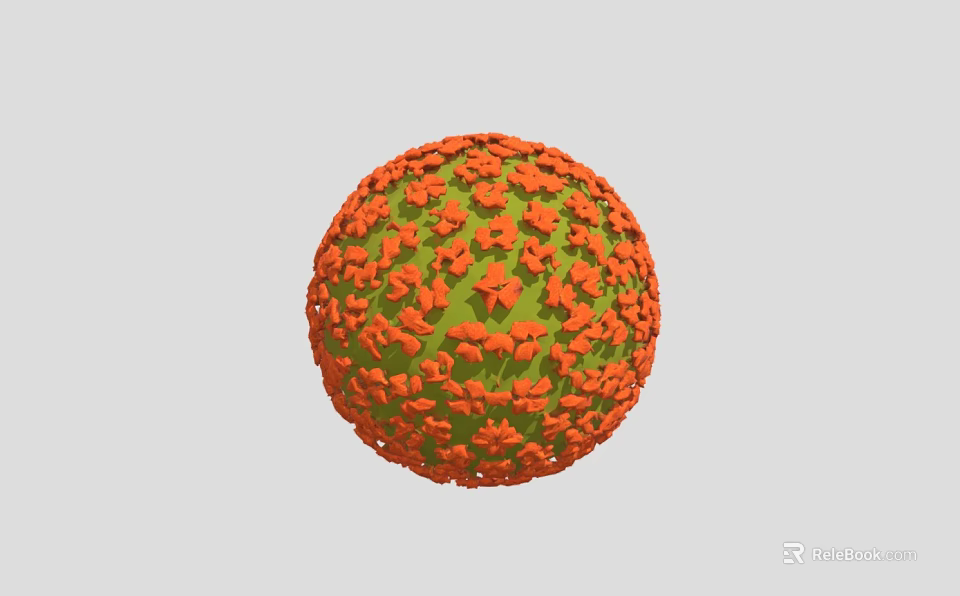 Scientist Studying 3D Spherical Virus Structure With Green Core Orange Protein Spikes 3d model 