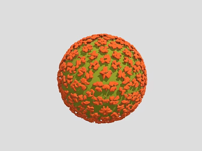 Scientist Studying 3D Spherical Virus Structure With Green Core Orange Protein Spikes 3d model