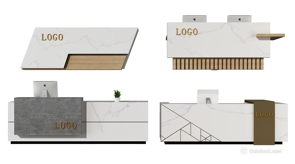 Modern Reception Desk Design With Marble Surface Wooden Accents And Branded Logo 3d model 