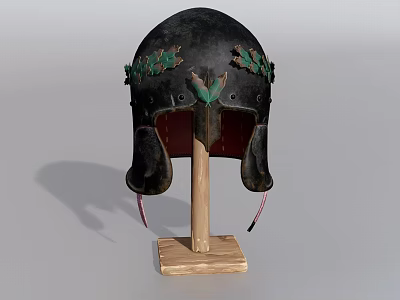 Black Helmet With Green Decorations Displayed On Wooden Stand Decoration 3d model