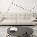 Modern Beige Leather Two Seater Sofa With Geometric Wall Design Round Coffee Table Side Table 3d model