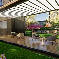 Modern Pergola With Wooden Deck Leisure Seats And Greenery In Urban Landscape