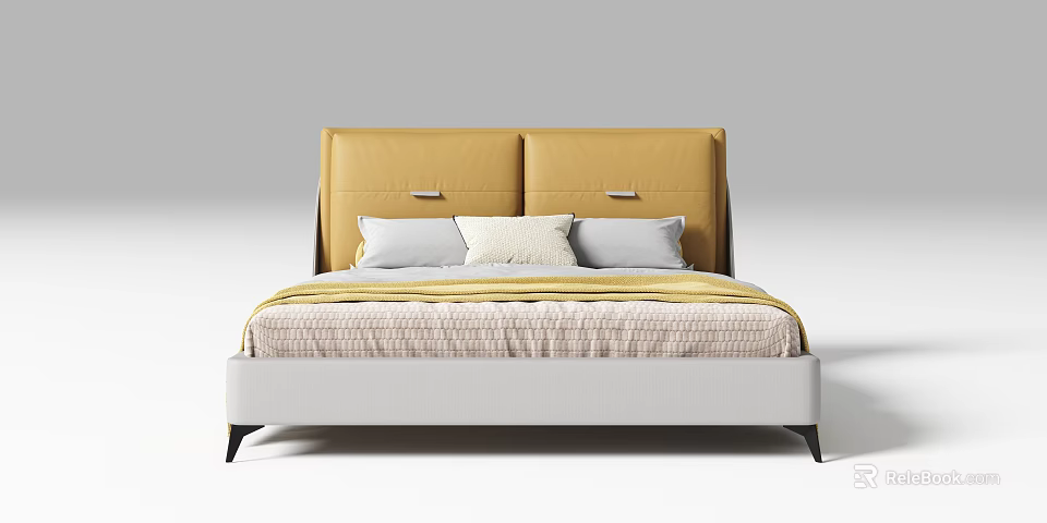 Modern Upholstered Double Bed Featuring Yellow Headboard White Frame And Soft Pillows 3d model
