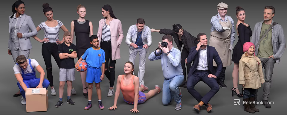 Diverse Group of People in Various Poses with Camera and Interactions 3d model 
