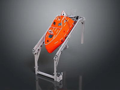 Orange Marine Lifeboat Mounted on Heavy Duty Metal Support Frame for Emergency Rescue Operations 3d model