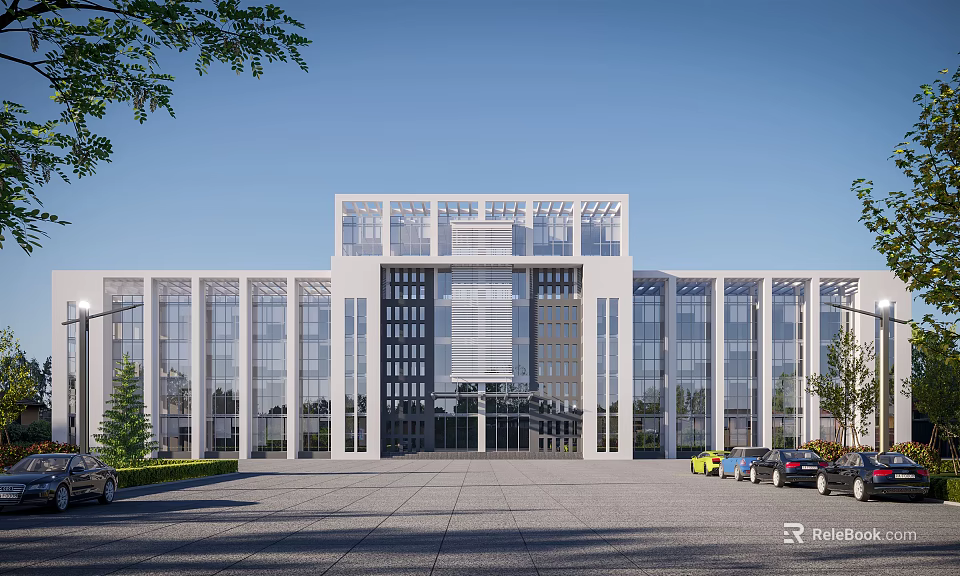 Modern Office Building Exterior With Glass Curtain Walls Spacious Entrance And Landscaping 3d model 