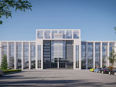 Modern Office Building Exterior With Glass Curtain Walls Spacious Entrance And Landscaping 3d model