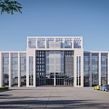 Modern Office Building Exterior With Glass Curtain Walls Spacious Entrance And Landscaping