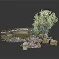 Rustic Outdoor Scene With Wooden Bridge Tree Rocks And Stone Pillar