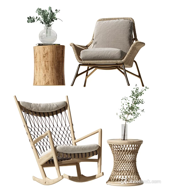 Comfortable Rattan Leisure Chair with Wooden Frame Cushion and Side Table Plant 3d model 