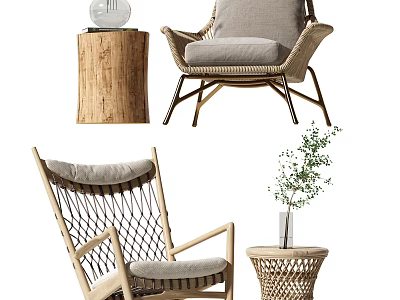 Comfortable Rattan Leisure Chair with Wooden Frame Cushion and Side Table Plant 3d model