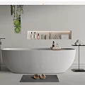 Freestanding White Bathtub With Wall Shelf Toiletries Towels And Hanging Plant