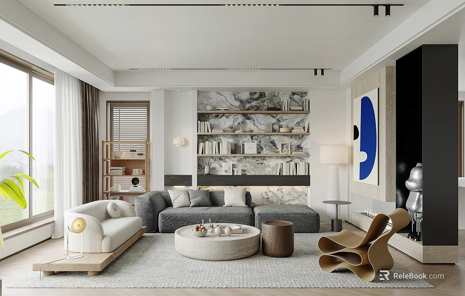 Contemporary Living Room Design Featuring Gray Sofa Round Coffee Table Bookshelf Artwork And Unique Chair 3d model 