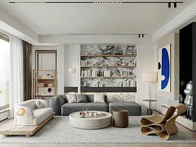 Contemporary Living Room Design Featuring Gray Sofa Round Coffee Table Bookshelf Artwork And Unique Chair 3d model