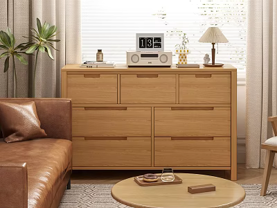 Wooden Chest of Drawers in Modern Living Room with Lamp Radio and Decor Items 3d model