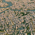 Aerial Urban Planning Layout of City with Winding River and Green Surroundings