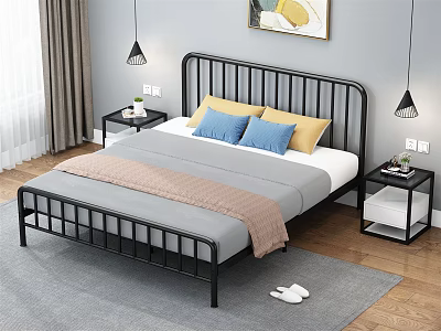 Modern Black Metal Frame Double Bed With Gray Bedding Blue Yellow Pillows Nightstands And Rug 3d model