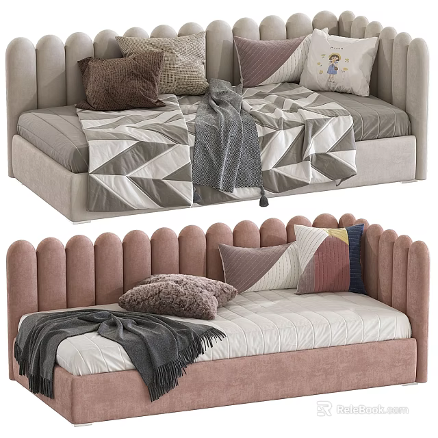 Children's Bed with Scalloped Headboard Pink and Gray Soft Pillows Cozy Blankets 3d model 