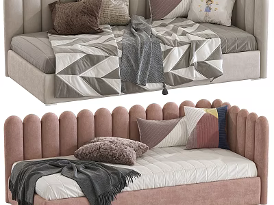 Children's Bed with Scalloped Headboard Pink and Gray Soft Pillows Cozy Blankets 3d model