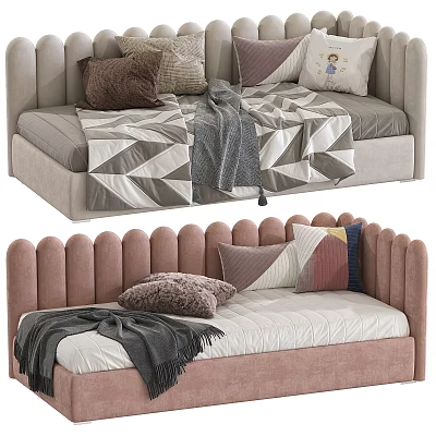 Children's Bed with Scalloped Headboard Pink and Gray Soft Pillows Cozy Blankets 3d model