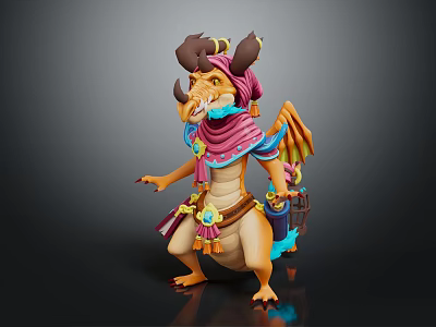 Colorful Fantasy Game Character With Horns Pink Scarf Wings And Decorative Belt 3d model