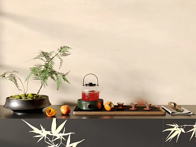 Traditional Tea Set With Red Teapot Ceramic Teacups Wooden Tray And Decorative Plant 3d model
