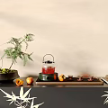 Traditional Tea Set With Red Teapot Ceramic Teacups Wooden Tray And Decorative Plant