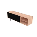Modern Wooden Sideboard With Black Cabinet Doors Open Shelves And Sleek Metal Legs