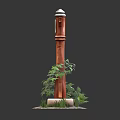 Decorative Ornament Set With Wood Pole Green Ship Wheel Red Tassels Plants And Greenery On Stone Base
