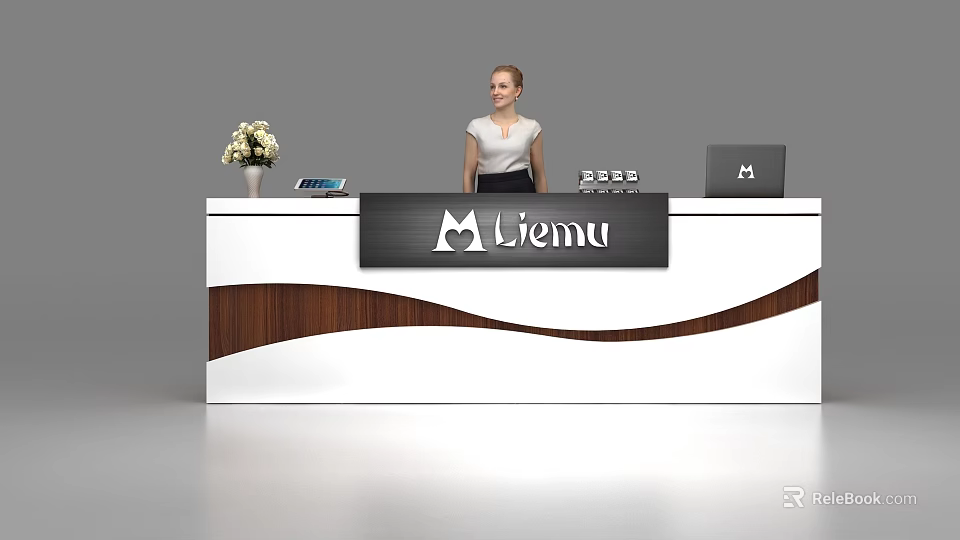 Modern Reception Desk With White Brown Wave Design Branded Sign Laptop Tablet And Flowers 3d model 
