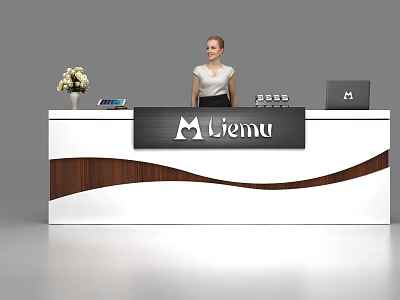 Modern Reception Desk With White Brown Wave Design Branded Sign Laptop Tablet And Flowers 3d model