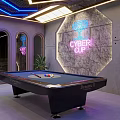 Modern Stylish Billiard Room Interior With Neon Lights Billiard Table Comfortable Seating And Decorative Walls