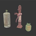 Vintage Metal Items With Rusty Pump Silver Canister And Green Gas Cylinder