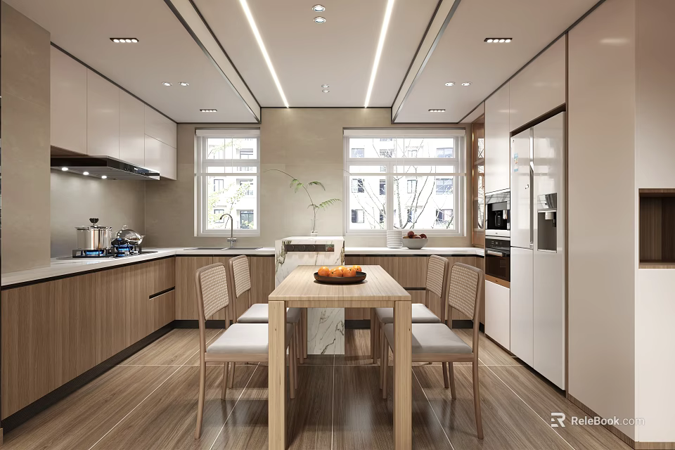 Modern Restaurant Kitchen Interior With Dining Table Chairs And Wooden Cabinets 3d model 