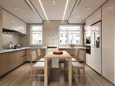 Modern Restaurant Kitchen Interior With Dining Table Chairs And Wooden Cabinets 3d model