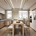 Modern Restaurant Kitchen Interior With Dining Table Chairs And Wooden Cabinets
