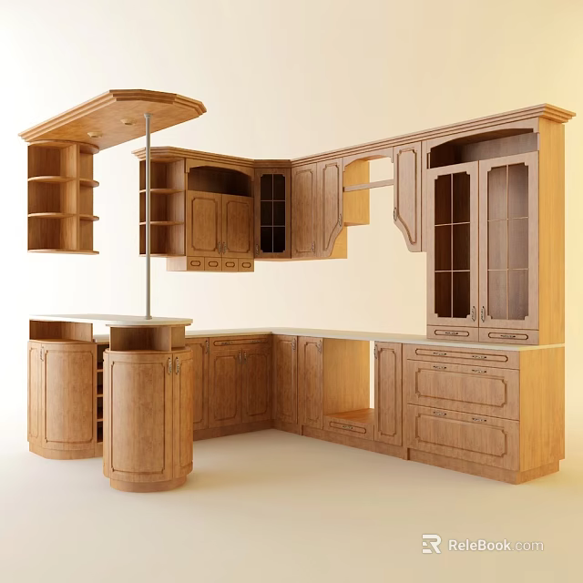 Natural Wood Kitchen Cabinets With Glass Front Doors Drawers Open Shelves And Island 3d model 
