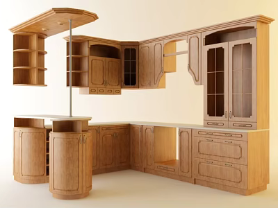 Natural Wood Kitchen Cabinets With Glass Front Doors Drawers Open Shelves And Island 3d model