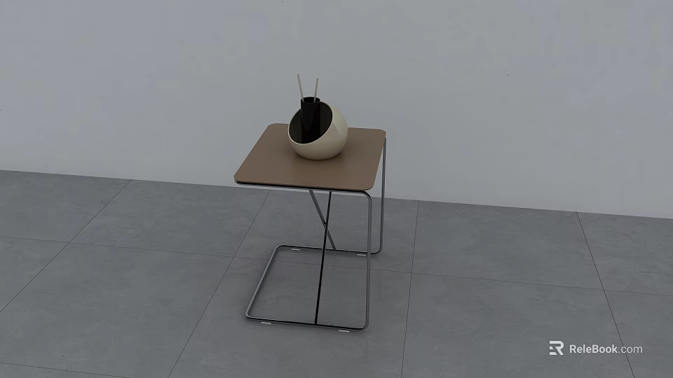 Modern Brown Square Top Side Table With Metal Cross Frame And White Spherical Vase 3d model