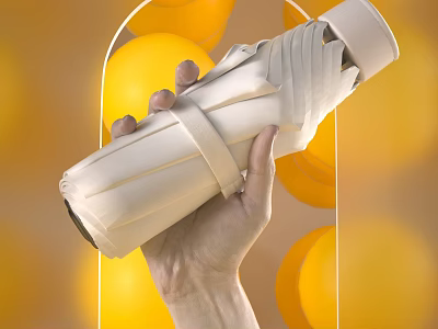 Hand Holding White Pleated Design Thermal Water Bottle With Yellow Balloon Background 3d model
