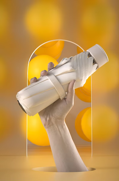 Hand Holding White Pleated Design Thermal Water Bottle With Yellow Balloon Background 3d model