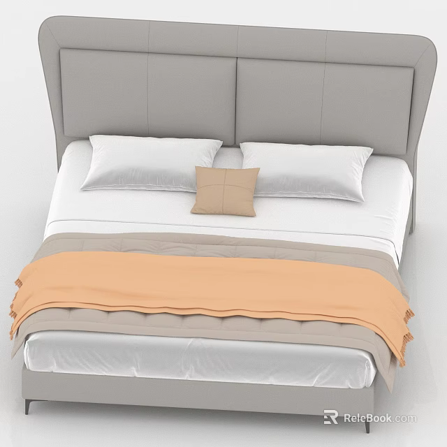 Modern Double Bed With Gray Headboard White Pillows And Orange Blanket 3d model