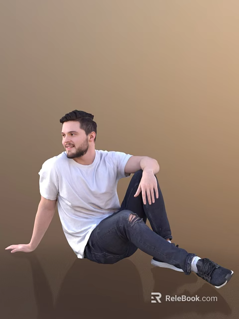 Man Sitting In Casual Relaxed Pose Wearing White T Shirt And Distressed Jeans Against Brown Background 3d model 