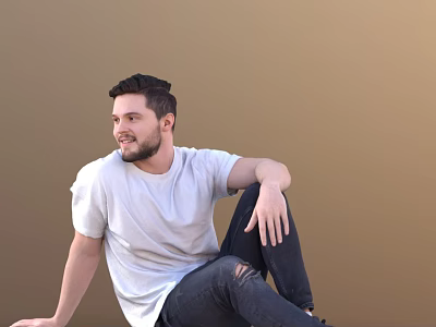 Man Sitting In Casual Relaxed Pose Wearing White T Shirt And Distressed Jeans Against Brown Background 3d model